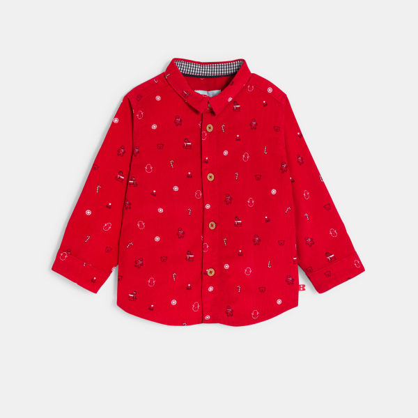 قميص مخملي أحمر مضلع لطفل رضيع